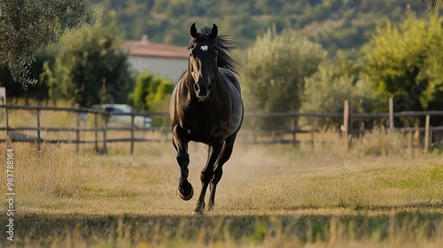 A striking black horse emitting a hissing sound, capturing the animal's powerful presence and unique vocalization, perfect for themes related to equine behavior, nature, or wildlife, photo