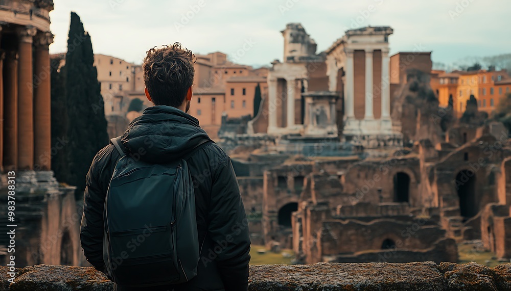 A Lone Traveller Gazing at Ancient Ruins in Rome A Lone Traveller Gazing at Ancient Ruins in Rome