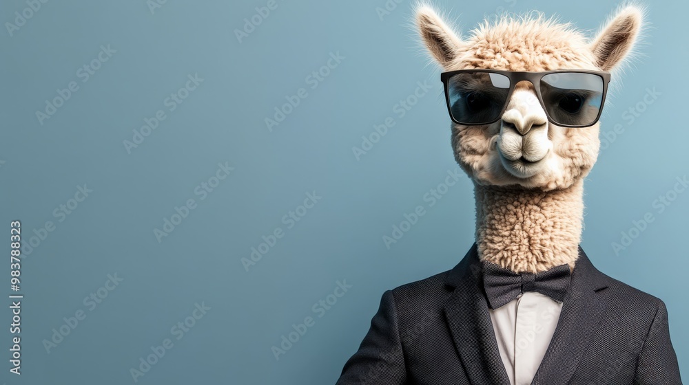 Quirky llama dressed in a suit and sunglasses against a blue background, exuding coolness and style in a humorous animal portrait. Quirky llama dressed in a suit and sunglasses against a blue background, exuding coolness and style in a humorous animal portrait.