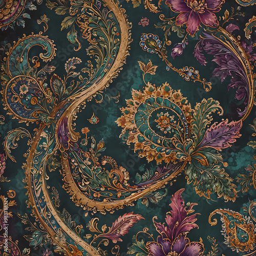 Seamless paisley pattern in deep jewel tones of emerald, ruby, and sapphire, with intricate floral and swirl details for a luxurious and traditional look