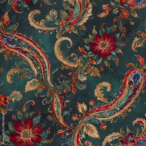 Seamless paisley pattern in deep jewel tones of emerald, ruby, and sapphire, with intricate floral and swirl details for a luxurious and traditional look
