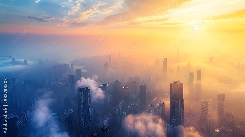Aerial view of a city shrouded in fog with the sunrise casting a golden glow on the skyline. Aerial view of a city shrouded in fog with the sunrise casting a golden glow on the skyline.