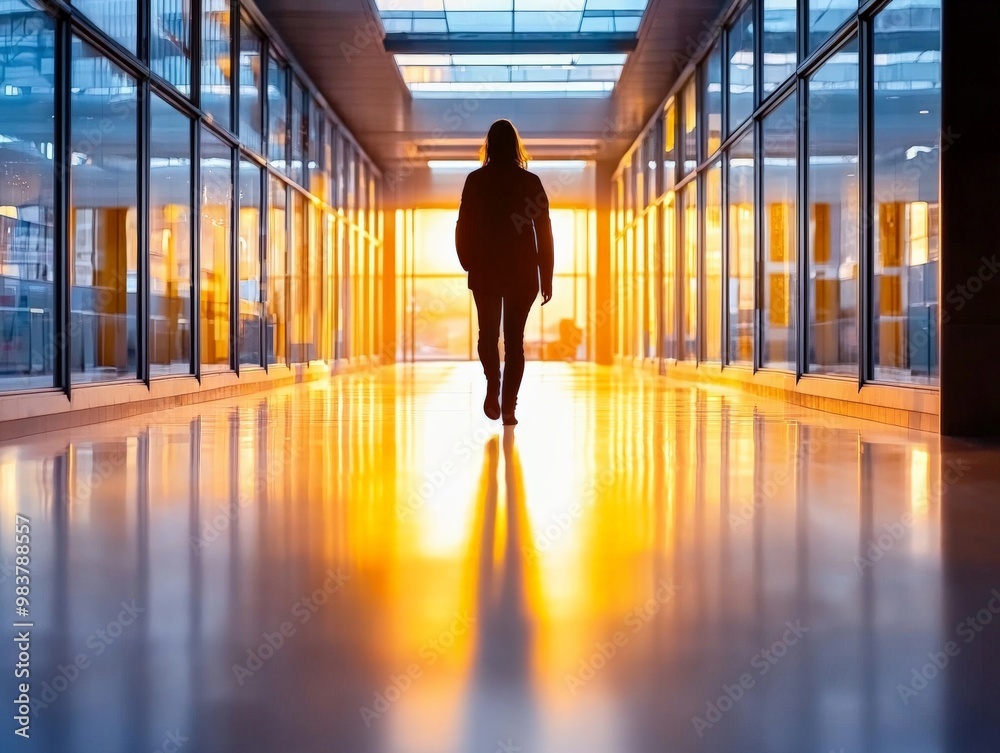 A figure walking down a long corridor in an office building, moving forward with purpose and confidence A figure walking down a long corridor in an office building, moving forward with purpose and confidence