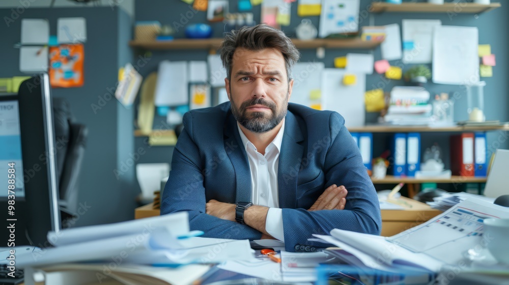 Businessman with a stressed look, sitting at a cluttered desk with paperwork and a computer screen showing a deadline countdown, illustrating the pressure of overwork Businessman with a stressed look, sitting at a cluttered desk with paperwork and a computer screen showing a deadline countdown, illustrating the pressure of overwork