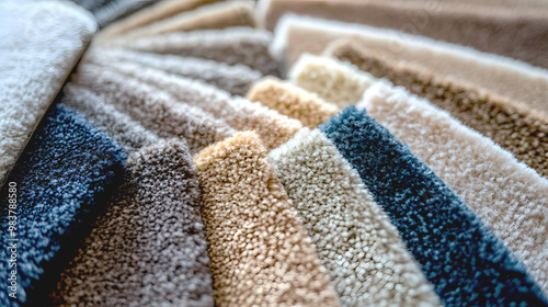 Plush and textured carpet flooring samples, arranged in a fan, highlighting the depth and softness