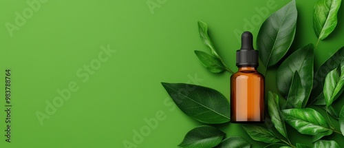 Herbal Oil Bottle Surrounded by Green Leaves