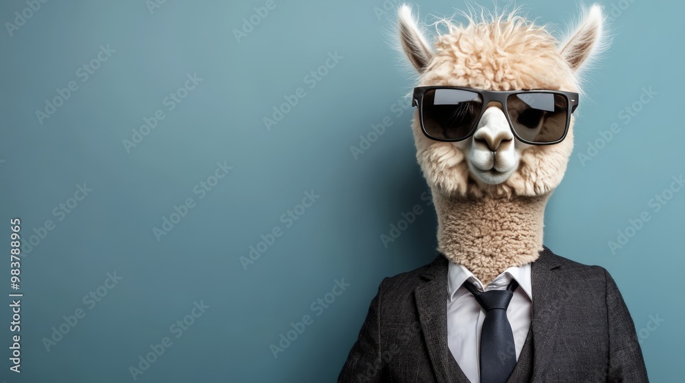 Stylish alpaca in a suit and sunglasses against a blue background, exuding confidence and charm with a humorous and trendy vibe. Stylish alpaca in a suit and sunglasses against a blue background, exuding confidence and charm with a humorous and trendy vibe.
