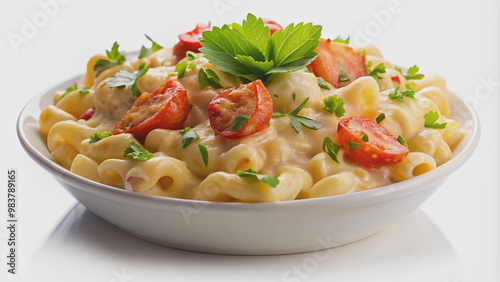 Creamy macaroni and cheese dish loaded with chunks of succulent lobster meat, garnished with parsley, isolated on a clean white background.