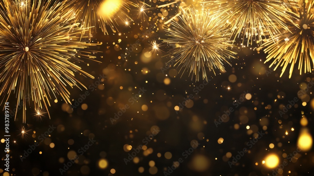 Golden fireworks with bokeh effects creating an abstract New Year ambiance, space for text placement. Realistic fireworks isolated on dark backdrop, adding a touch of festive celebration. Golden fireworks with bokeh effects creating an abstract New Year ambiance, space for text placement. Realistic fireworks isolated on dark backdrop, adding a touch of festive celebration.