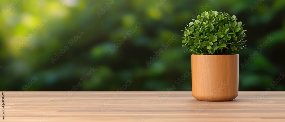 Green Plant in Wooden Pot on Table with Blurred Background Green Plant in Wooden Pot on Table with Blurred Background