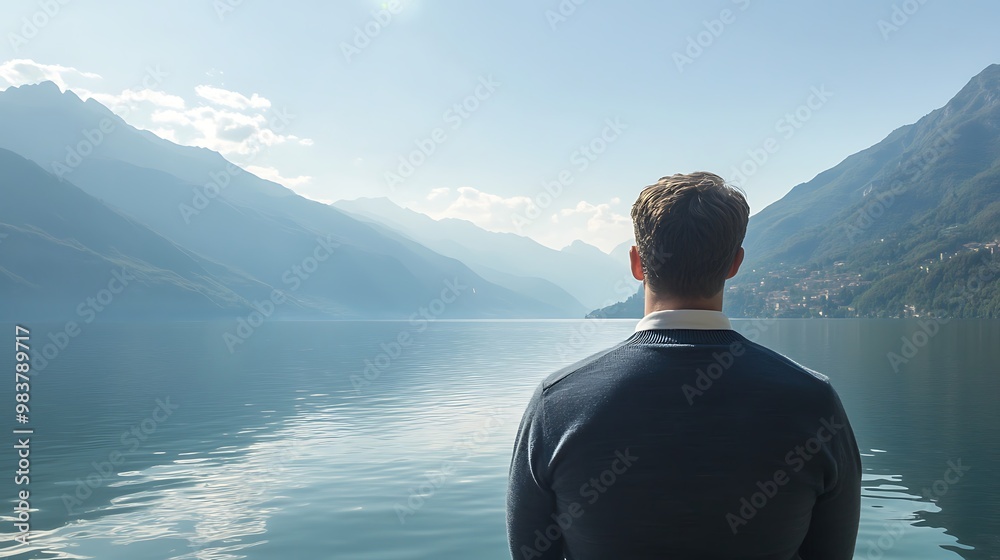 Fototapeta premium Man Contemplating the Mountainous Landscape