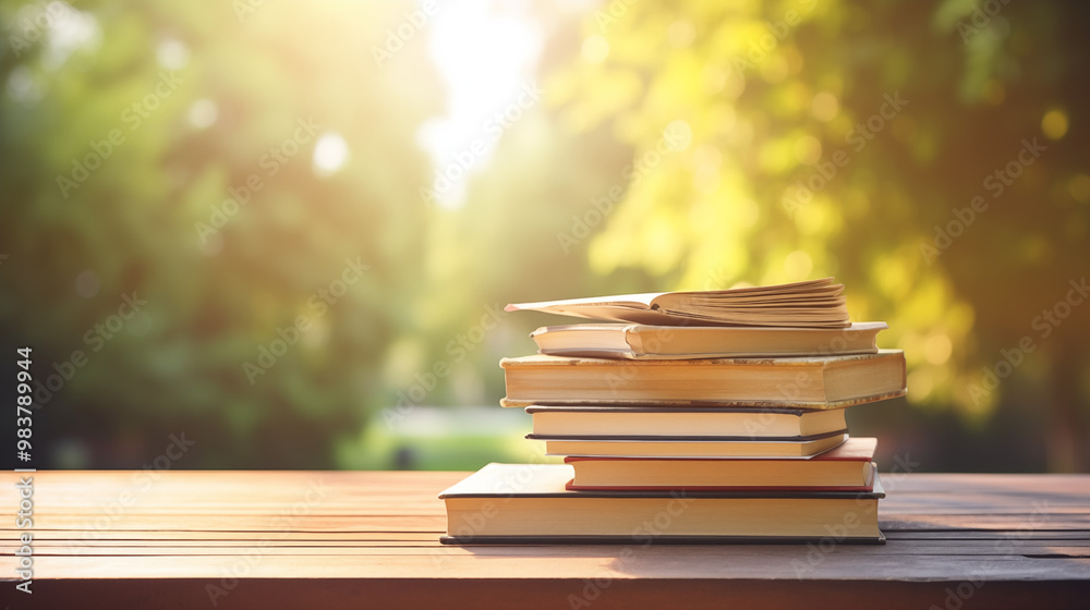 HD stock photo of books on a wooden table with lush landscape backgrounds, bokeh panorama, and a play of light and shadow, evoking contemplative absurdity HD stock photo of books on a wooden table with lush landscape backgrounds, bokeh panorama, and a play of light and shadow, evoking contemplative absurdity