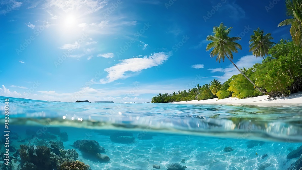 A peaceful island retreat surrounded by turquoise ocean and crowned with palm tree forest_054 A peaceful island retreat surrounded by turquoise ocean and crowned with palm tree forest_054