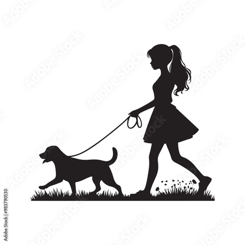 Cute Girl Walking Her Dog icon logotype symble silhouette vector with white background