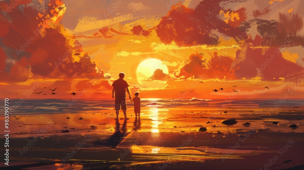 Fototapeta premium Father and son walking along a serene beach at sunset, creating a heartwarming moment of bonding and family togetherness with beautiful golden light reflecting on the water and silhouetted figures in