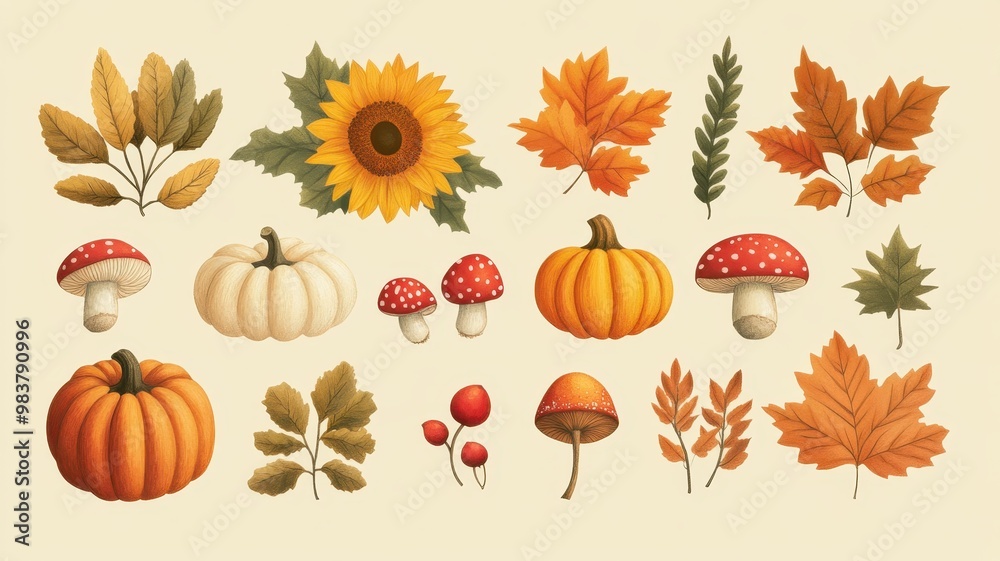 Watercolor of autumn elements set with Pumpkins,maple leaves,mushrooms,sunflower,Collection autumn seasonal holidays design,Thanksgiving,Halloween,Handmade art,party posters,decorate your artwork. Watercolor of autumn elements set with Pumpkins,maple leaves,mushrooms,sunflower,Collection autumn seasonal holidays design,Thanksgiving,Halloween,Handmade art,party posters,decorate your artwork.