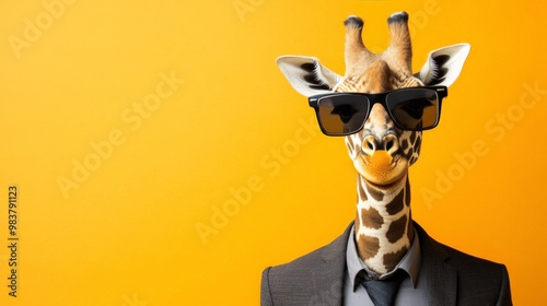 Stylish giraffe wearing sunglasses and a suit against a yellow background, blending humor and fashion in a unique way.