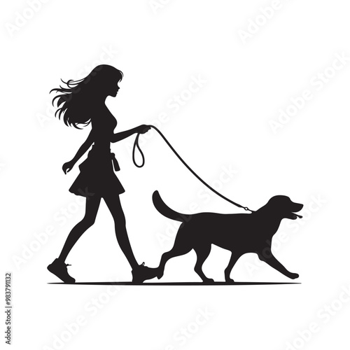 Cute Girl Walking Her Dog icon logotype symble silhouette vector with white background