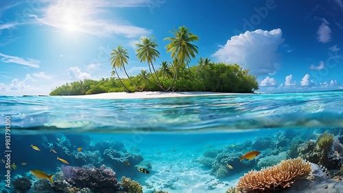 A peaceful island retreat surrounded by turquoise ocean and crowned with palm tree forest_072