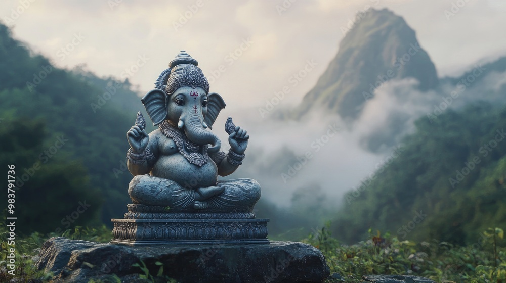 Ganesha statue placed in a misty mountainous area, softly lit by natural light, creating a tranquil and spiritual setting. Ganesha statue placed in a misty mountainous area, softly lit by natural light, creating a tranquil and spiritual setting.