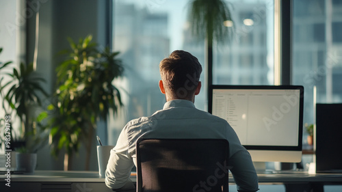 Professional man working at a desk in a modern office with large windows and greenery