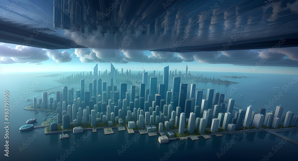 Fototapeta premium A cityscape upside down, with skyscrapers rising into the clouds and the ground replaced by a reflective ocean, blending reality and fantasy in a surreal mobile wallpaper