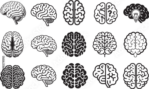 Brain Icon set vector, Black on white.