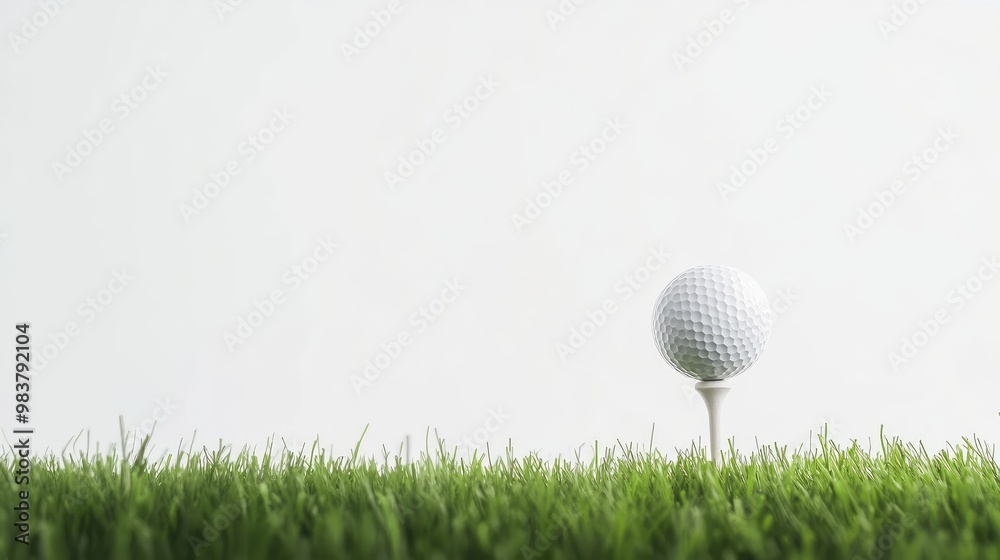 Golf ball ready on a tee with green grass and white background, perfect for golf lovers and enthusiasts in a minimalist scene. Golf ball ready on a tee with green grass and white background, perfect for golf lovers and enthusiasts in a minimalist scene.