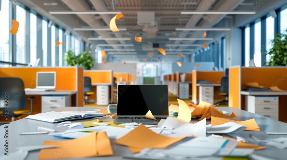 bankrupt business office with empty cubicles, scattered papers, and a closed laptop, a scene of financial failure bankrupt business office with empty cubicles, scattered papers, and a closed laptop, a scene of financial failure