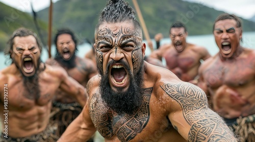 A group of Maori warriors performing the Haka, their faces fiercely tattooed with intricate moko, standing on a green hilltop with the Pacific Ocean behind them photo