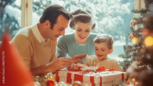 Retro Christmas Photo card of 50s 60s, Vintage Christmas photo with people and retro Christmas decorations of 50s, retro photo of family Christmas. photo