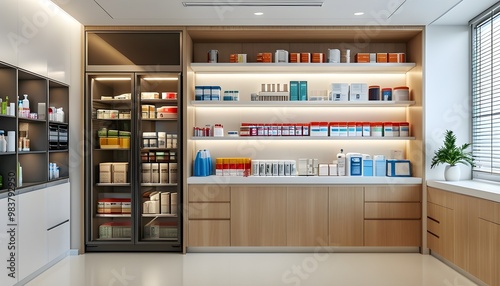 Sleek medical supply room showcasing an organized fridge and neatly arranged shelves of diverse medical products, highlighting efficiency and cleanliness.