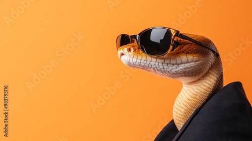 Stylish snake wearing sunglasses and a jacket against an orange background, personifying coolness with a confident look. photo