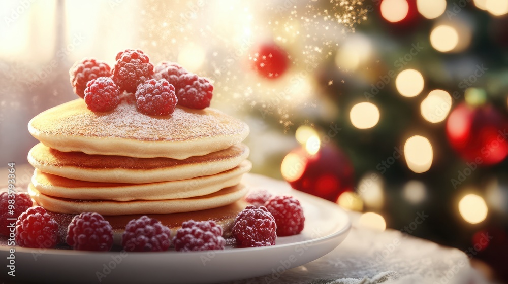 Stack of pancakes with fresh berries by a christmas tree, holiday atmosphere Stack of pancakes with fresh berries by a christmas tree, holiday atmosphere