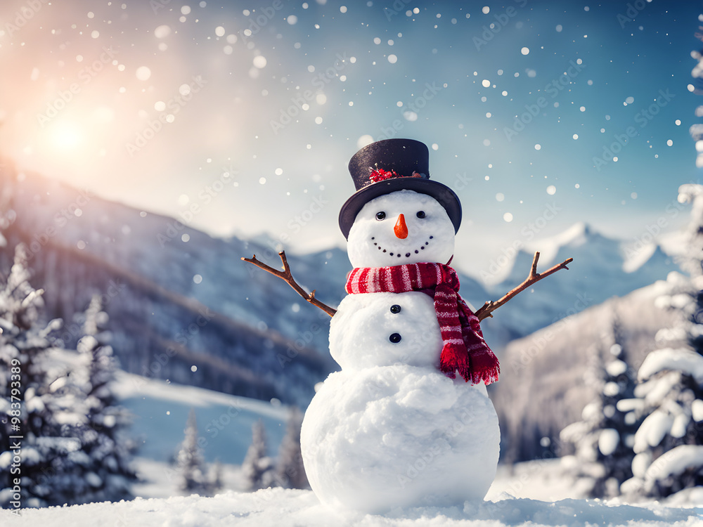 Fototapeta premium Merry christmas and happy new year greeting card with copy-space.Happy snowman standing in christmas landscape.Snow background.Winter fairytale