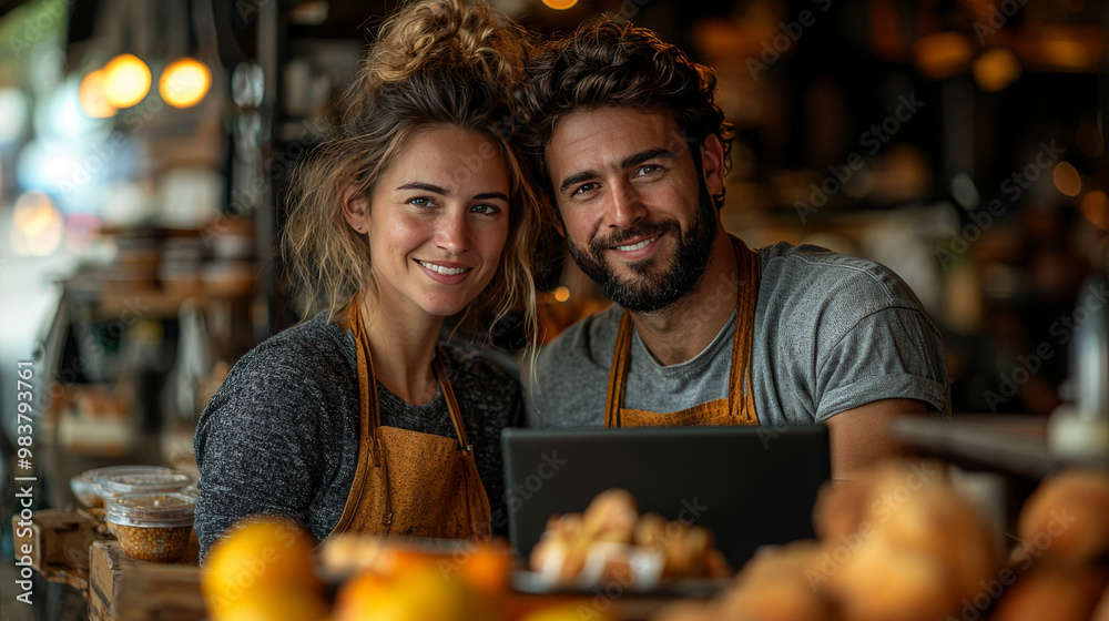 Smiling couple in aprons look at camera in their bakery. Smiling couple in aprons look at camera in their bakery.