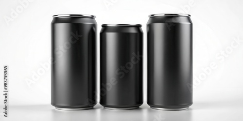 Three black matte cans mockup on a white background, black, matte, cans, mockup, three, product, design, packaging, branding