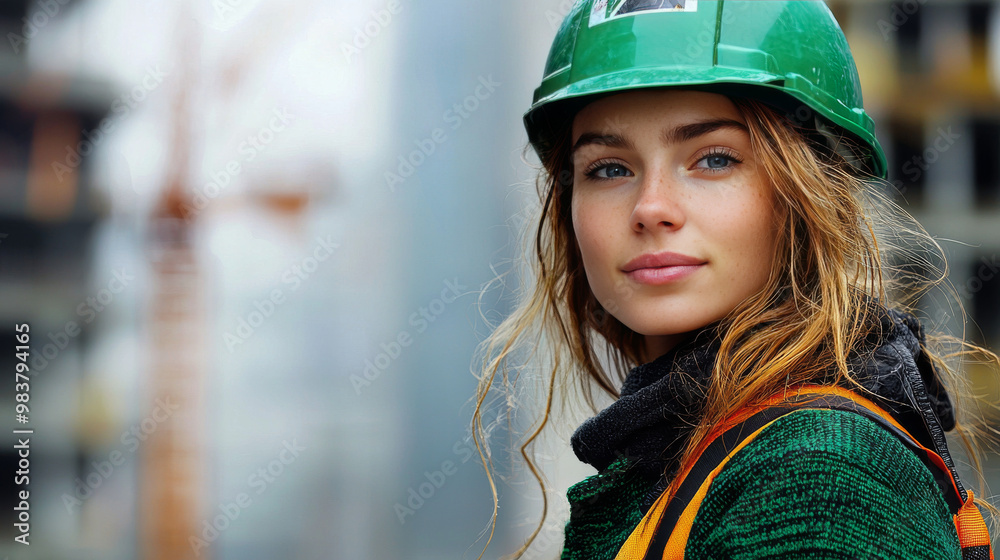 Young woman construction worker in a green hardhat. Young woman construction worker in a green hardhat.