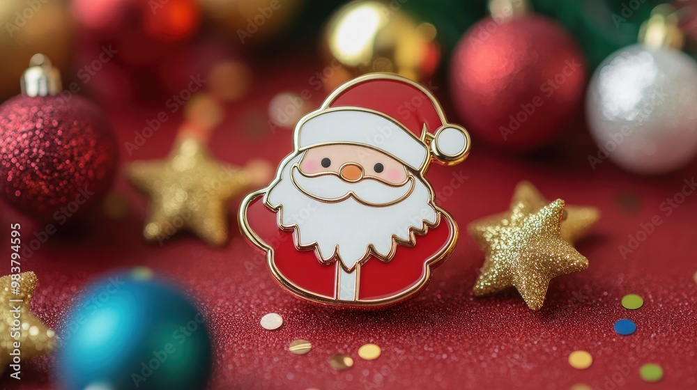 Santa Claus enamel pin placed on a festive, colored background, perfect for celebrating the Christmas holiday season