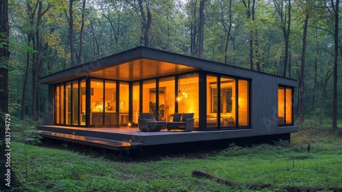 A minimalist cube home with dark gray concrete walls and thin horizontal windows