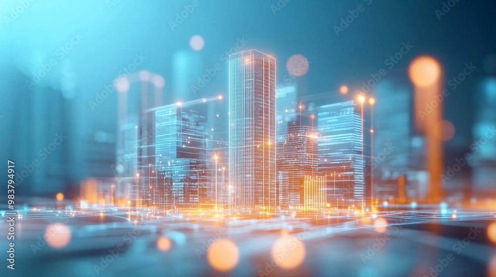 Futuristic city skyline with glowing buildings and digital elements, a vision of modern architecture and urban design. Futuristic city skyline with glowing buildings and digital elements, a vision of modern architecture and urban design.