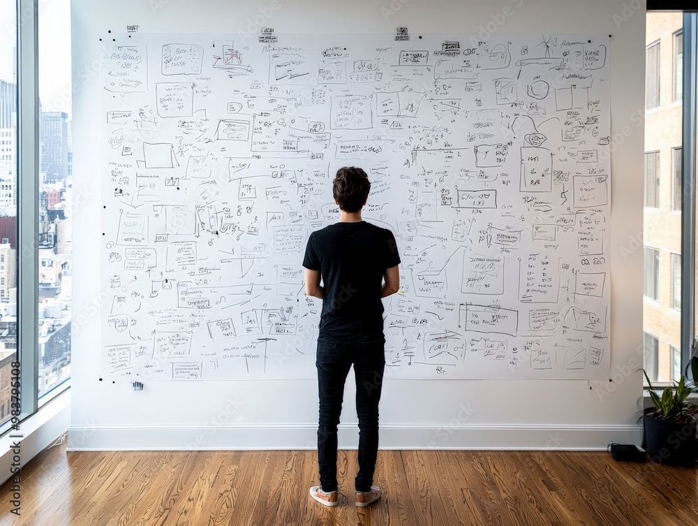 A large whiteboard filled with diagrams and notes, with a person standing in front of it, contemplating the next move A large whiteboard filled with diagrams and notes, with a person standing in front of it, contemplating the next move