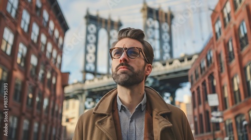 Man dressed in stylish clothing stands on a city street with the iconic Brooklyn Bridge in the background.