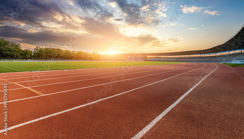 empty running track with sunset on background