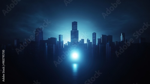 A dramatic city skyline silhouetted against a blue glow, creating a mysterious and futuristic atmosphere for urban themes.