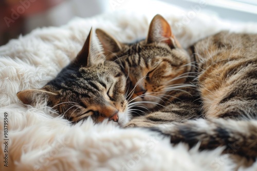 Wallpaper Mural Lovely cat couple sleep together hug on white fluffy bed. Valentine's Day celebration concept. Torontodigital.ca