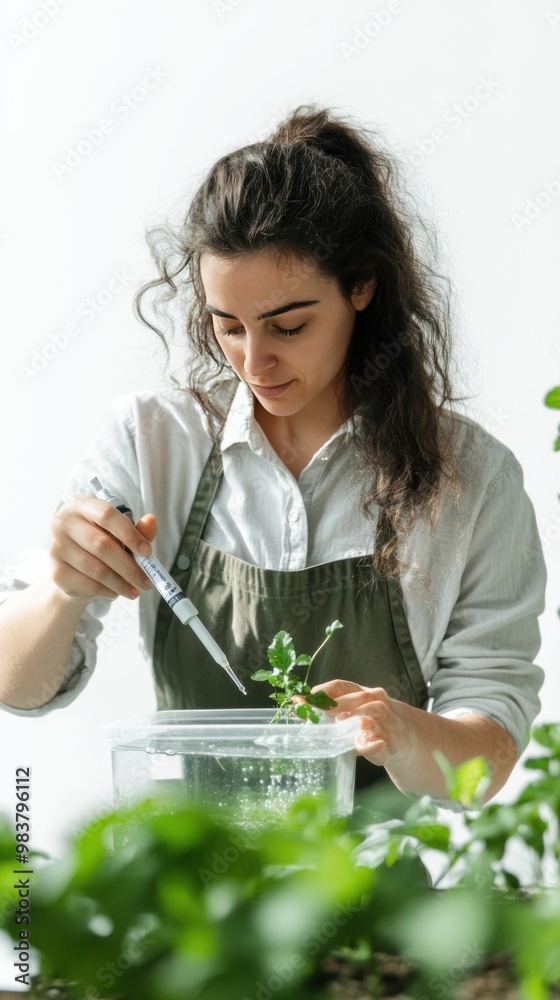 Female aquaculture farmer checking water quality with test kit, casual shirt and apron on white background Female aquaculture farmer checking water quality with test kit, casual shirt and apron on white background