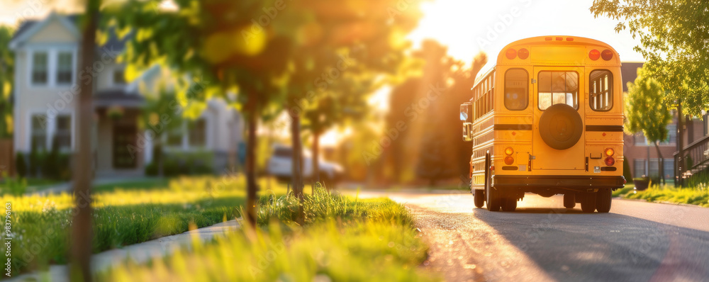 Obraz premium Yellow School Bus Driving Away at Sunset