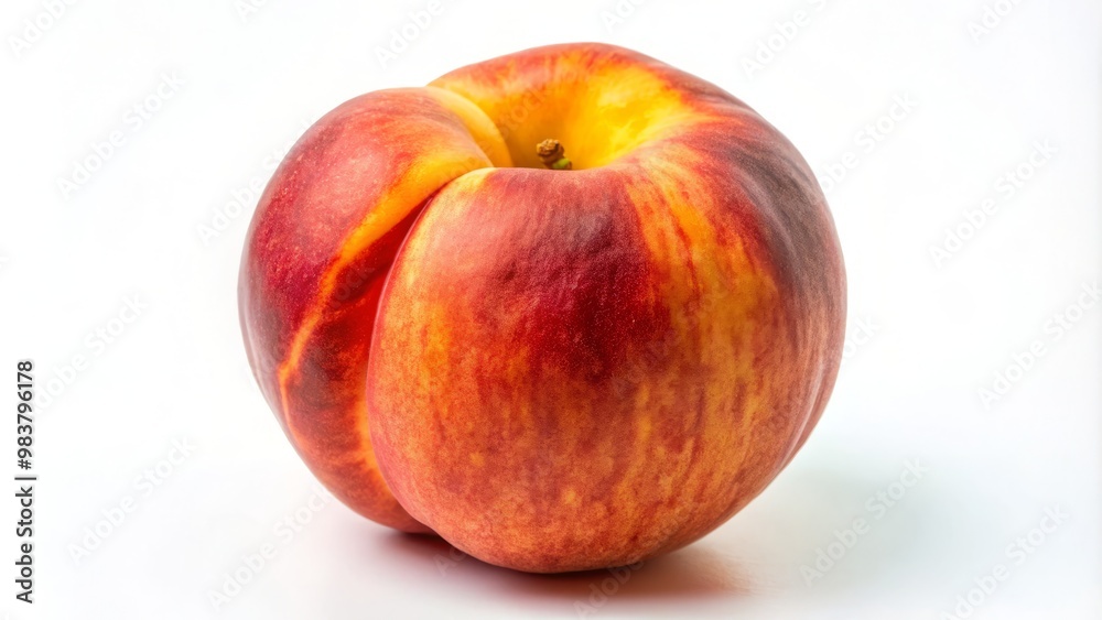 Ripe peach with slightly wrinkled skin and a juicy, fuzzy interior against a white background. Ripe peach with slightly wrinkled skin and a juicy, fuzzy interior against a white background.