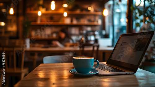 A cozy café scene features a laptop and a steaming cup of coffee on a wooden table, creating a warm and inviting atmosphere.